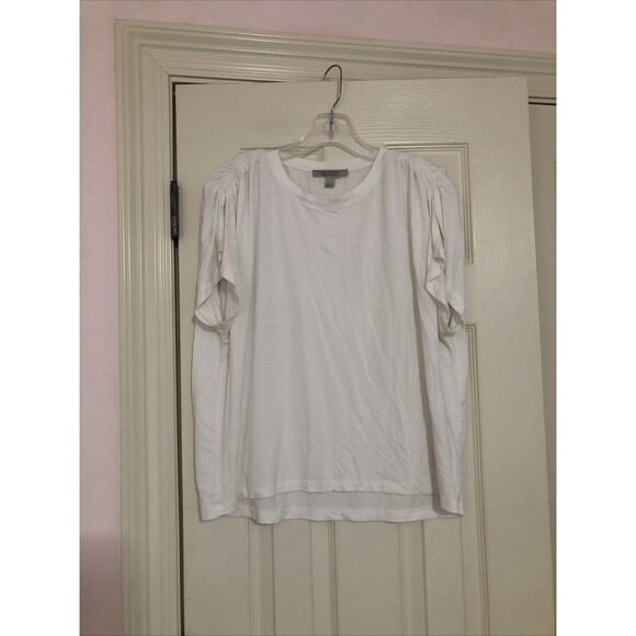 All Saints‎ Womens Boxy White Top Ruched Shoulder Chic Short Sleeve Modern Sz 6 - Picture 1 of 8